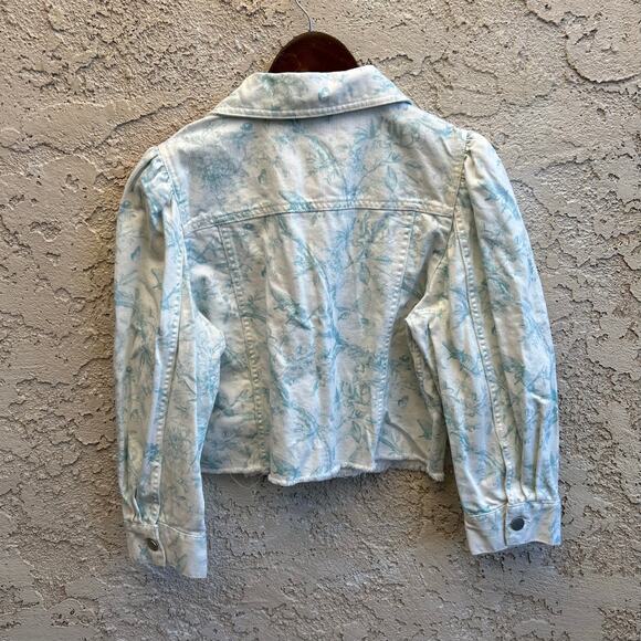 Elie Tahari Toile Printed Raw Hem Denim Jacket White Size L - Picture 2 of 6